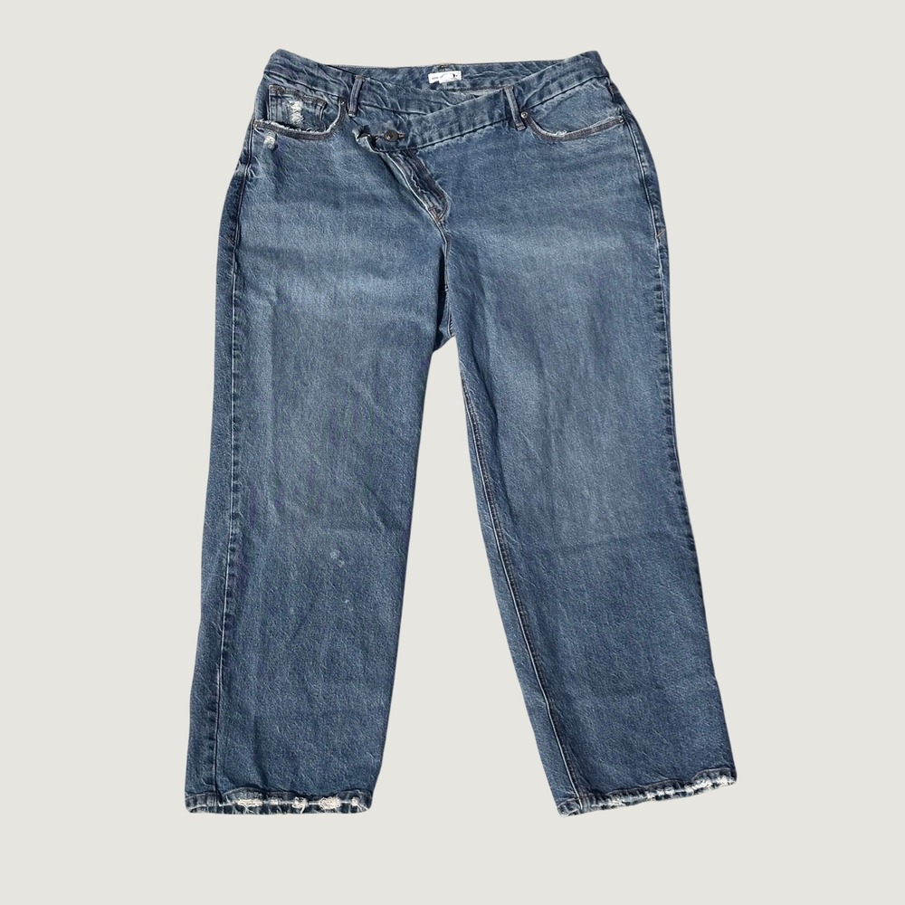 Good American Good 90s Petite Double Button Crossover Asymmetrical Jeans Blue 15